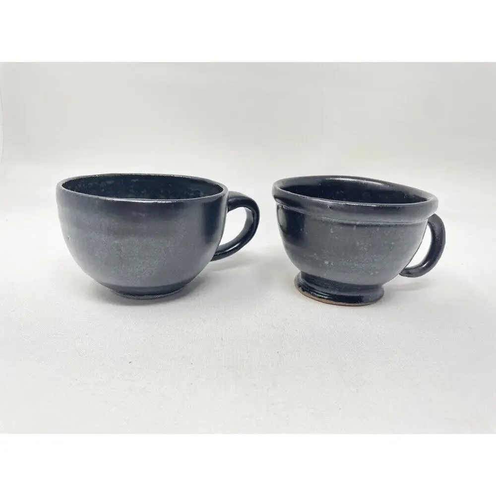 Coffee‎ Mug Set Pottery Hand Thrown Signed 8oz Short Dark